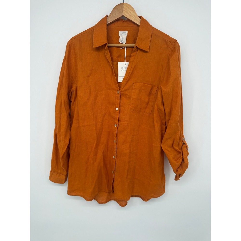 Sigrid Olsen Womens Burnt Orange 100% Linen Button Down Shirt Shell Buttons L